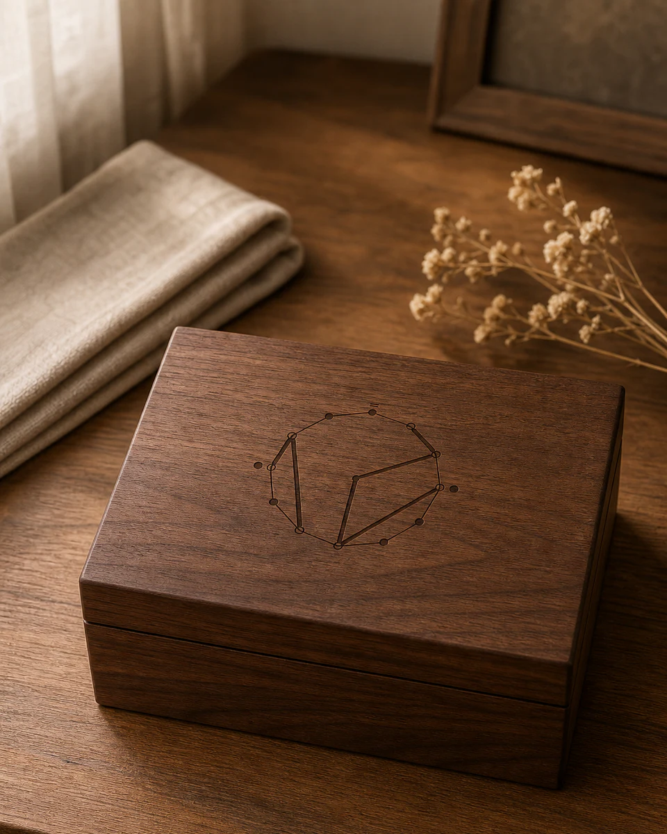 Mockup einer Erinnerungsbox aus Holz mit CCS-Gravur